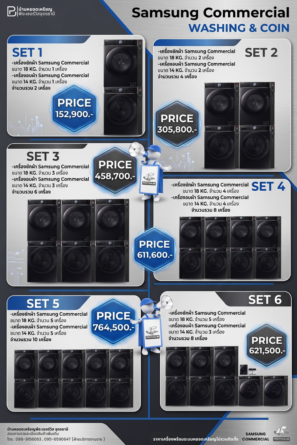 SET 3 (ยอดนิยม): ซัก Samsung AI 16 kg. (3 เครื่อง) ซัก Samsung Commercial 18 kg. (2 เครื่อง) อบ Whirlpool 15 kg. (2 เครื่อง) ราคา 629,000.-